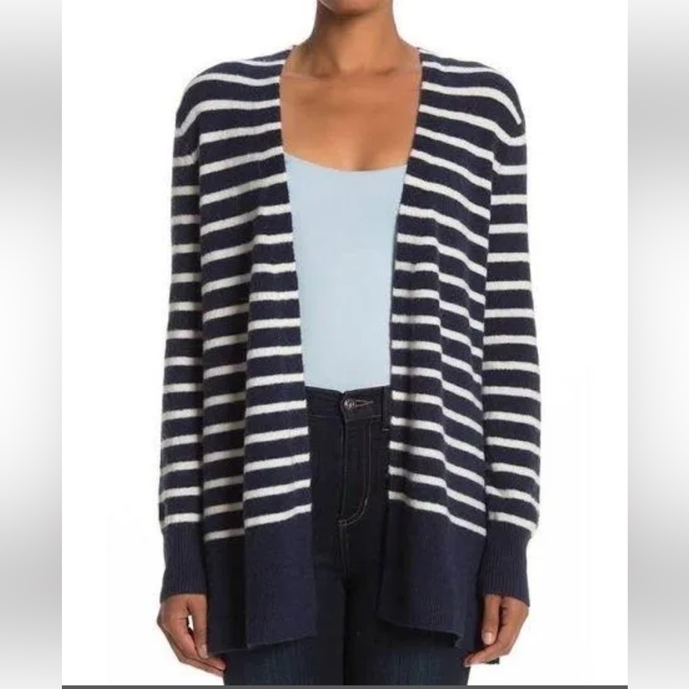 Madewell Cozy Walker navy white striped longline plush alpaca blend cardigan